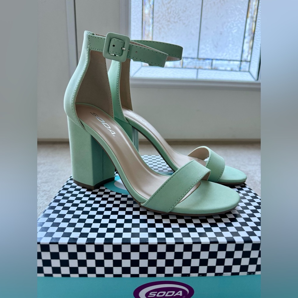 SODA Mint Open Toe Ankle Strap Heels